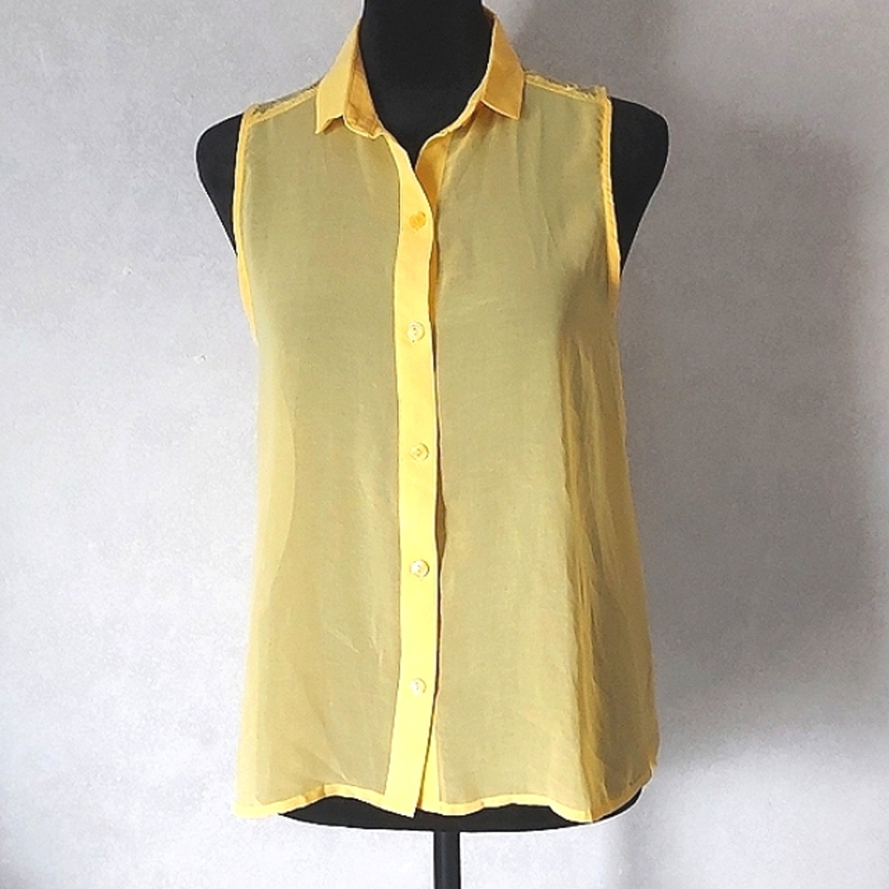 SLEEVELESS SHEER YELLOW BUTTON DOWN SHIRT